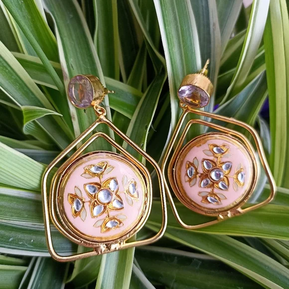 Handmade gold platted stone studded enameled drop earrings - Picture 5 of 10